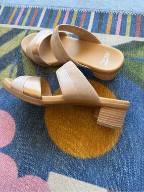 Dansko Taupe and Rose Gold Dual-Strap Slide Sandals